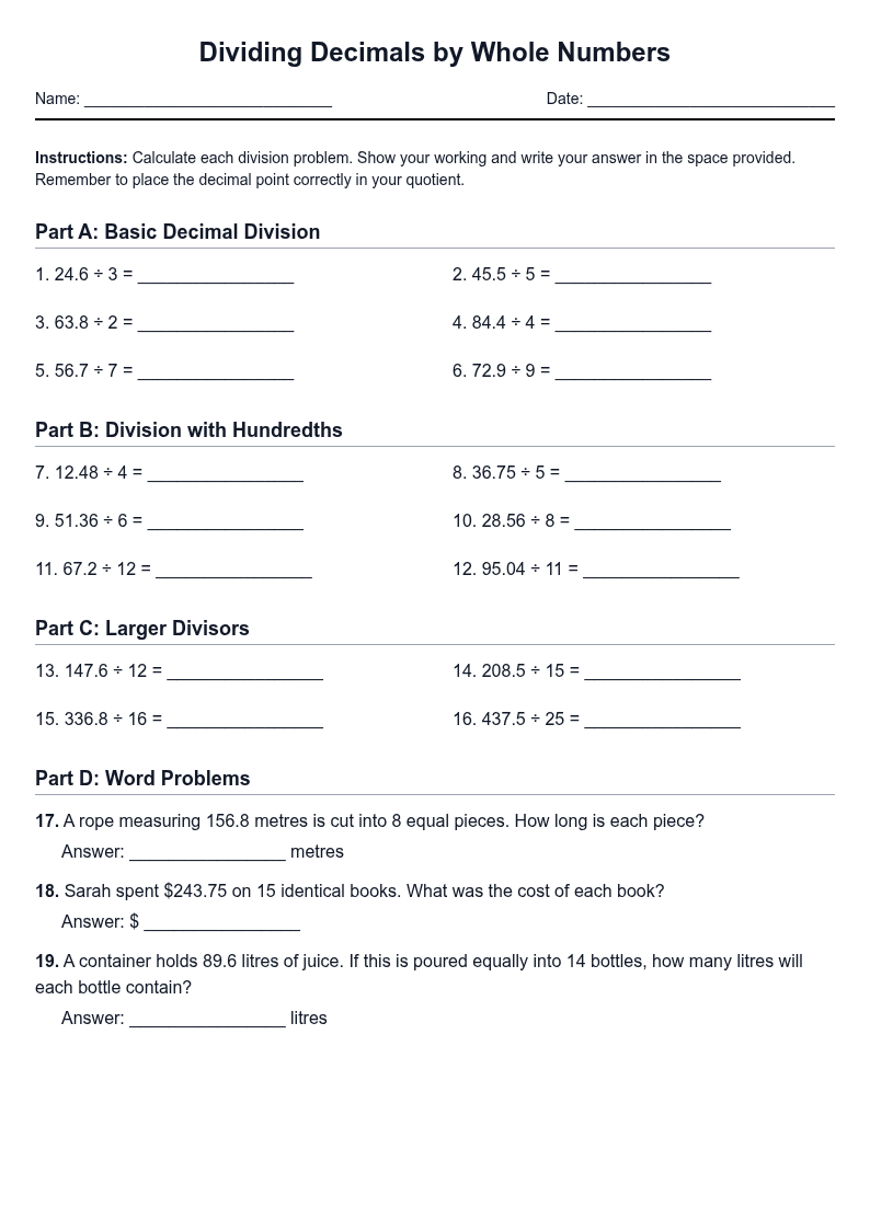 Dividing Decimals by Whole Numbers