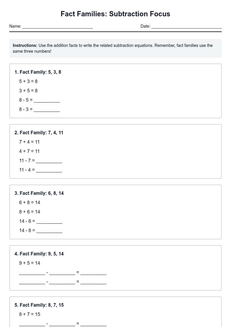 Fact Families Subtraction Focus