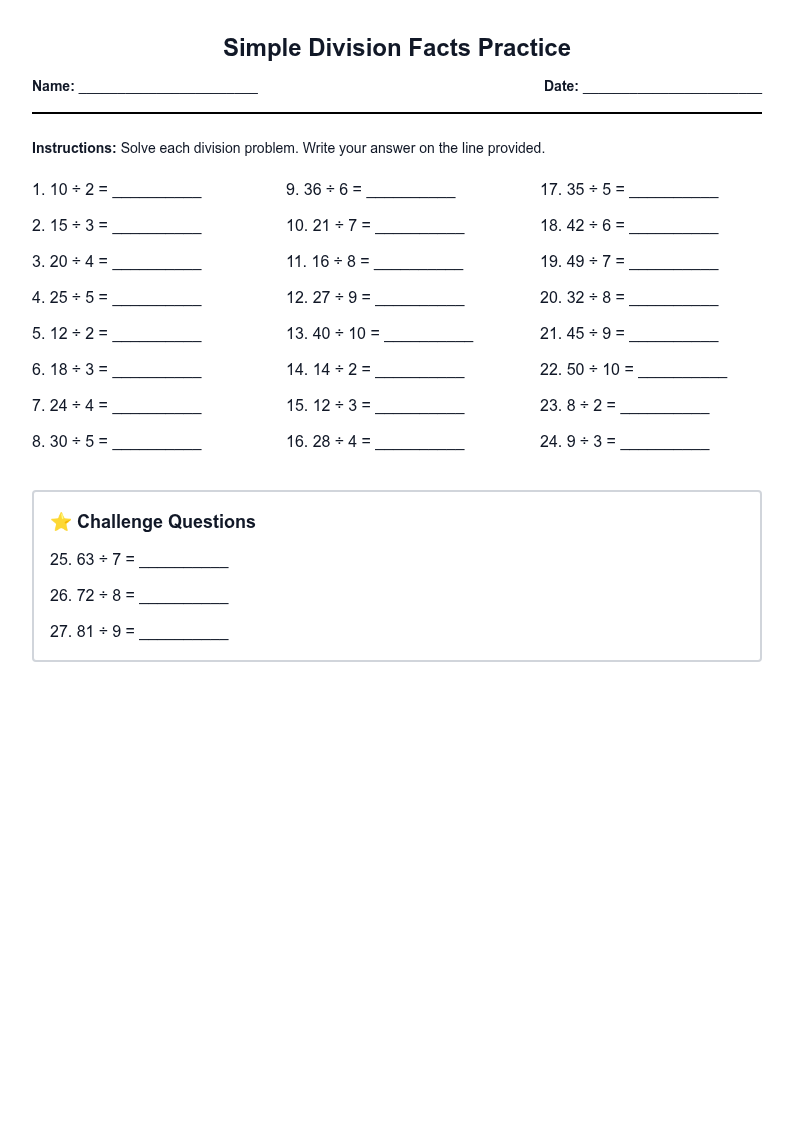 Simple Division Facts Practice