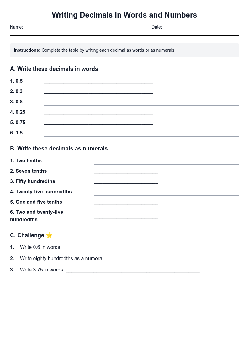 Writing Decimals in Words and Numbers
