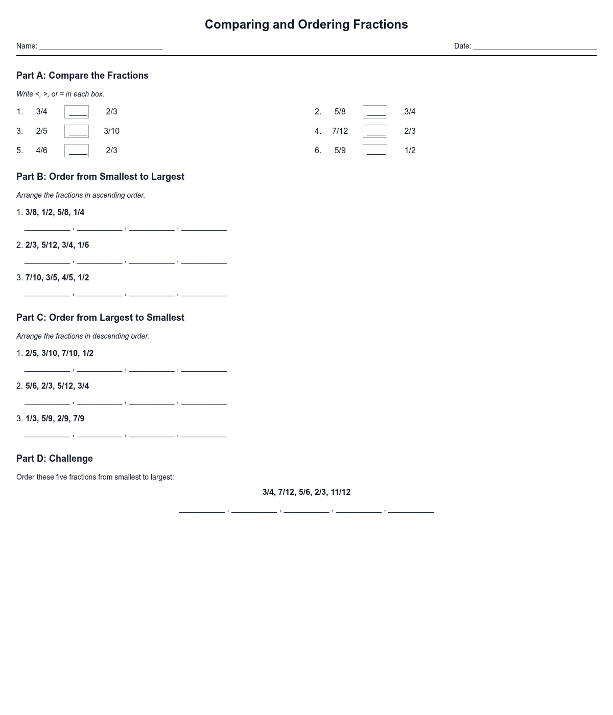 Comparing and Ordering Fractions