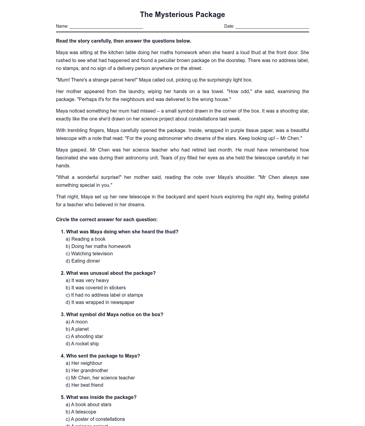 The Mysterious Package - Reading Comprehension