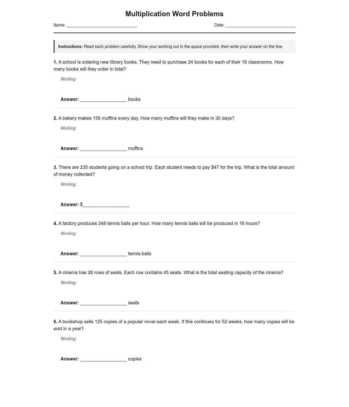 Multiplication Word Problems