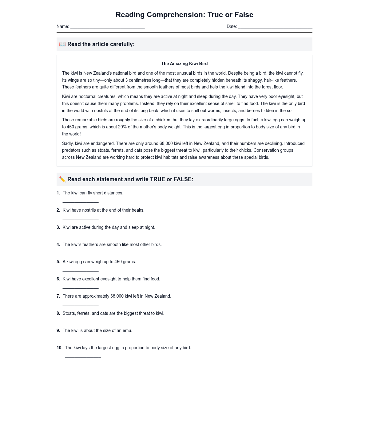 Non-Fiction Article with True or False