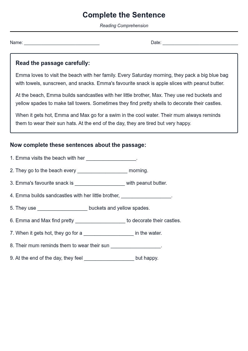 Complete the Sentence Reading Comprehension