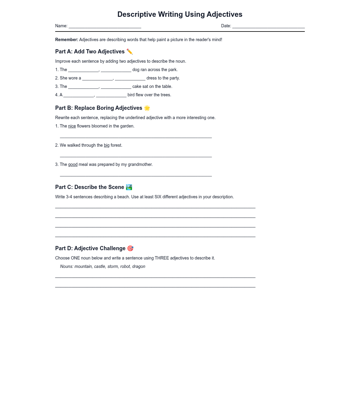 Descriptive Writing Using Adjectives