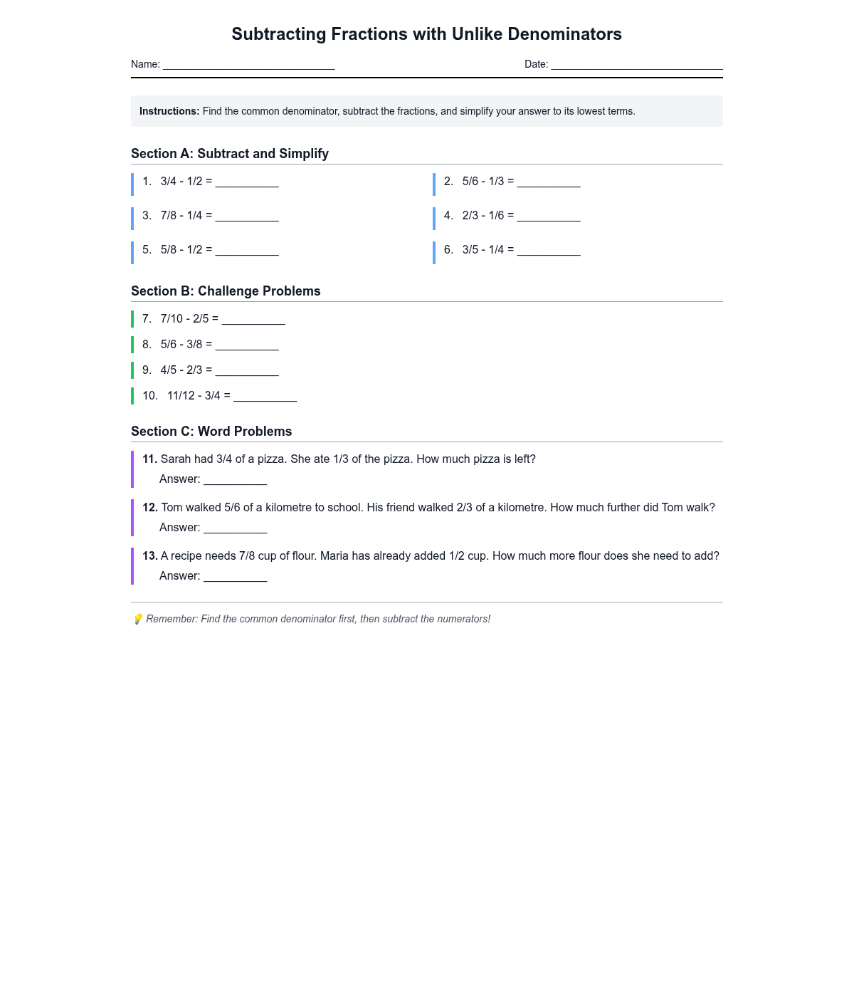 Subtracting Fractions with Unlike Denominators