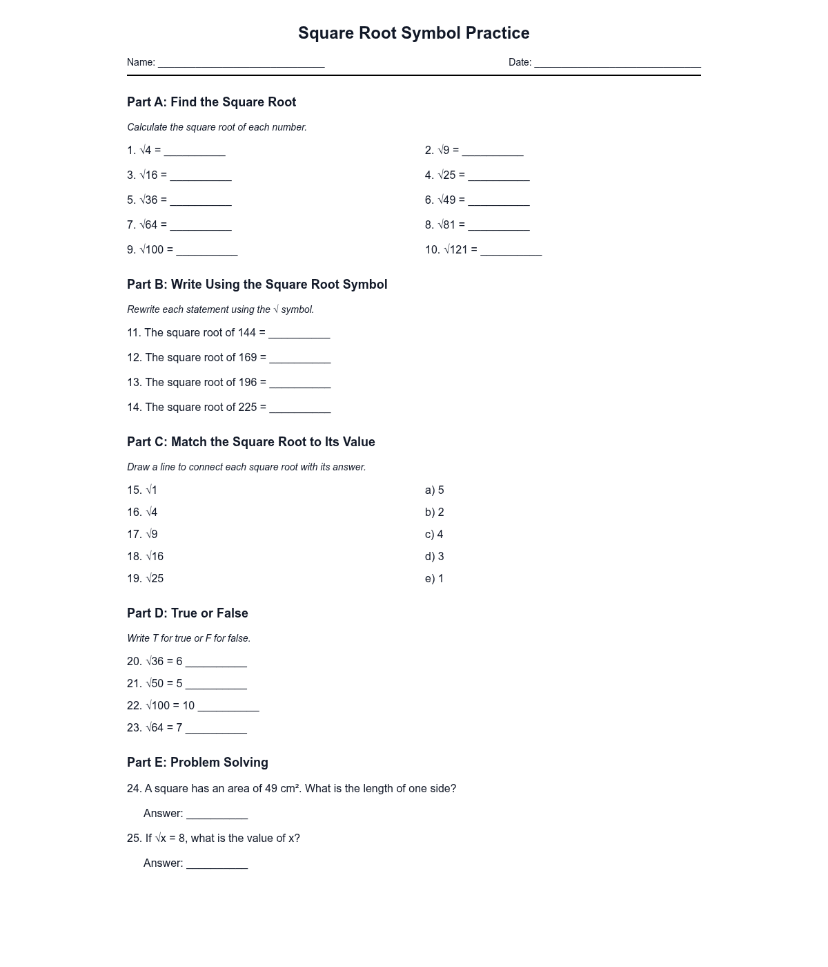Square Root Symbol Practice