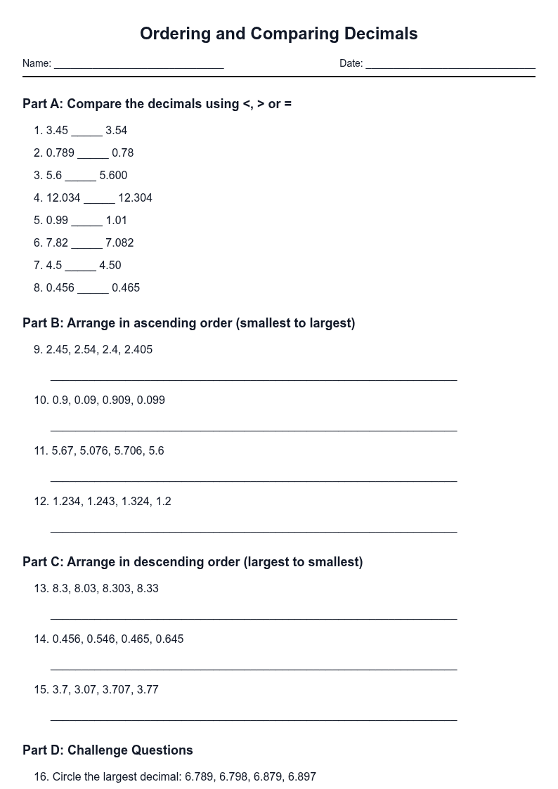 Ordering and Comparing Decimals