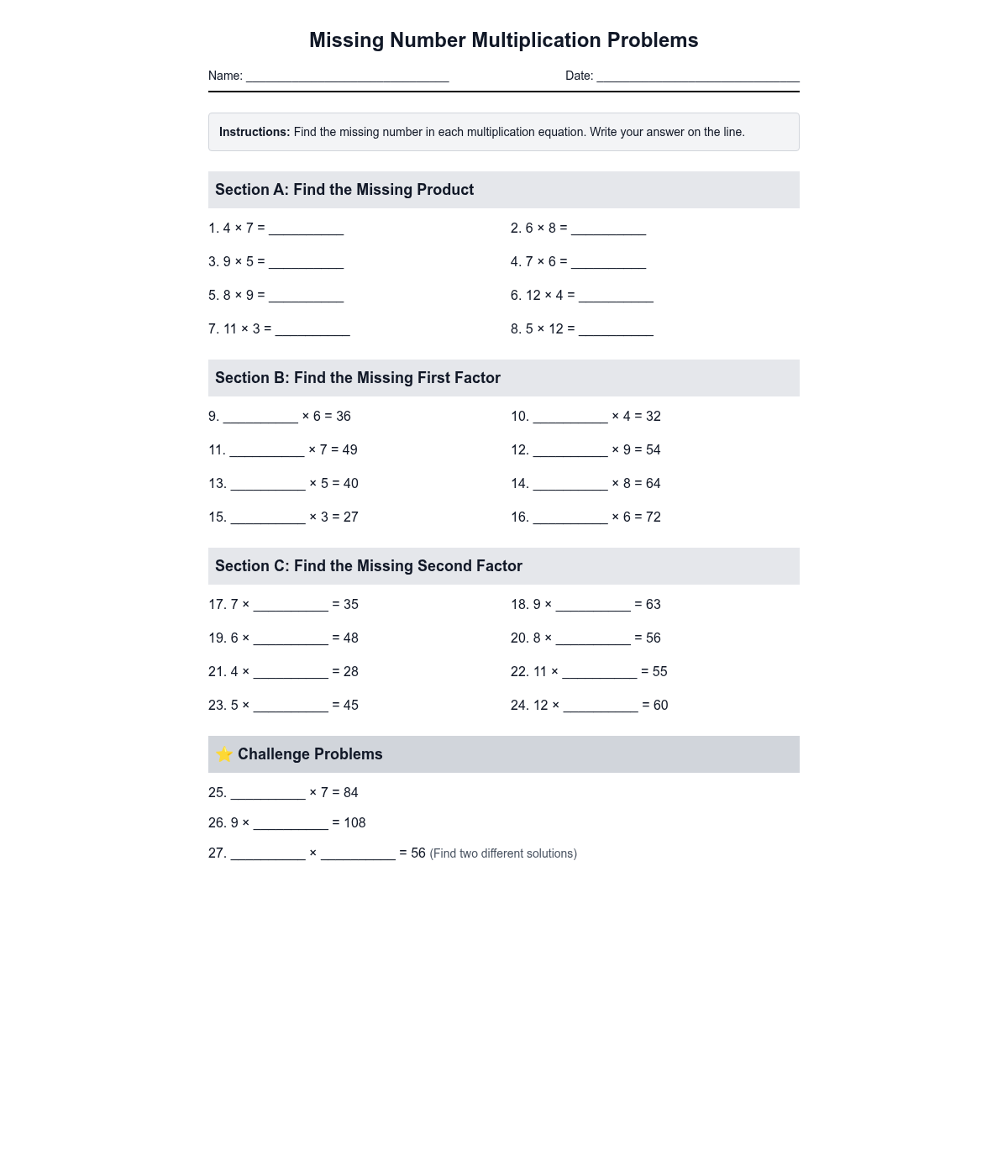 Missing Number Multiplication Problems