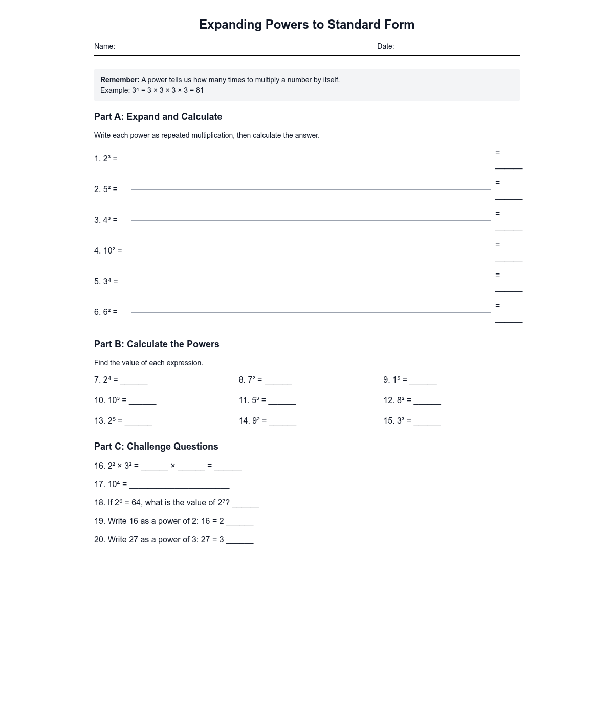 Expanding Powers to Standard Form