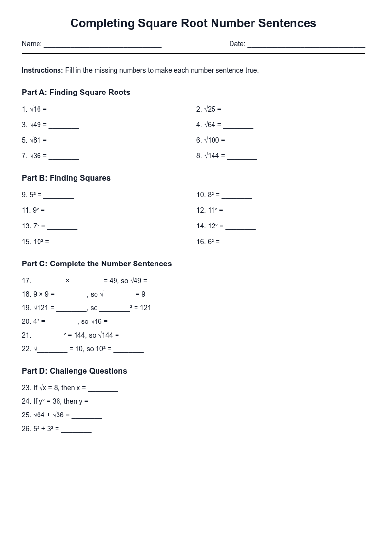Completing Square Root Number Sentences