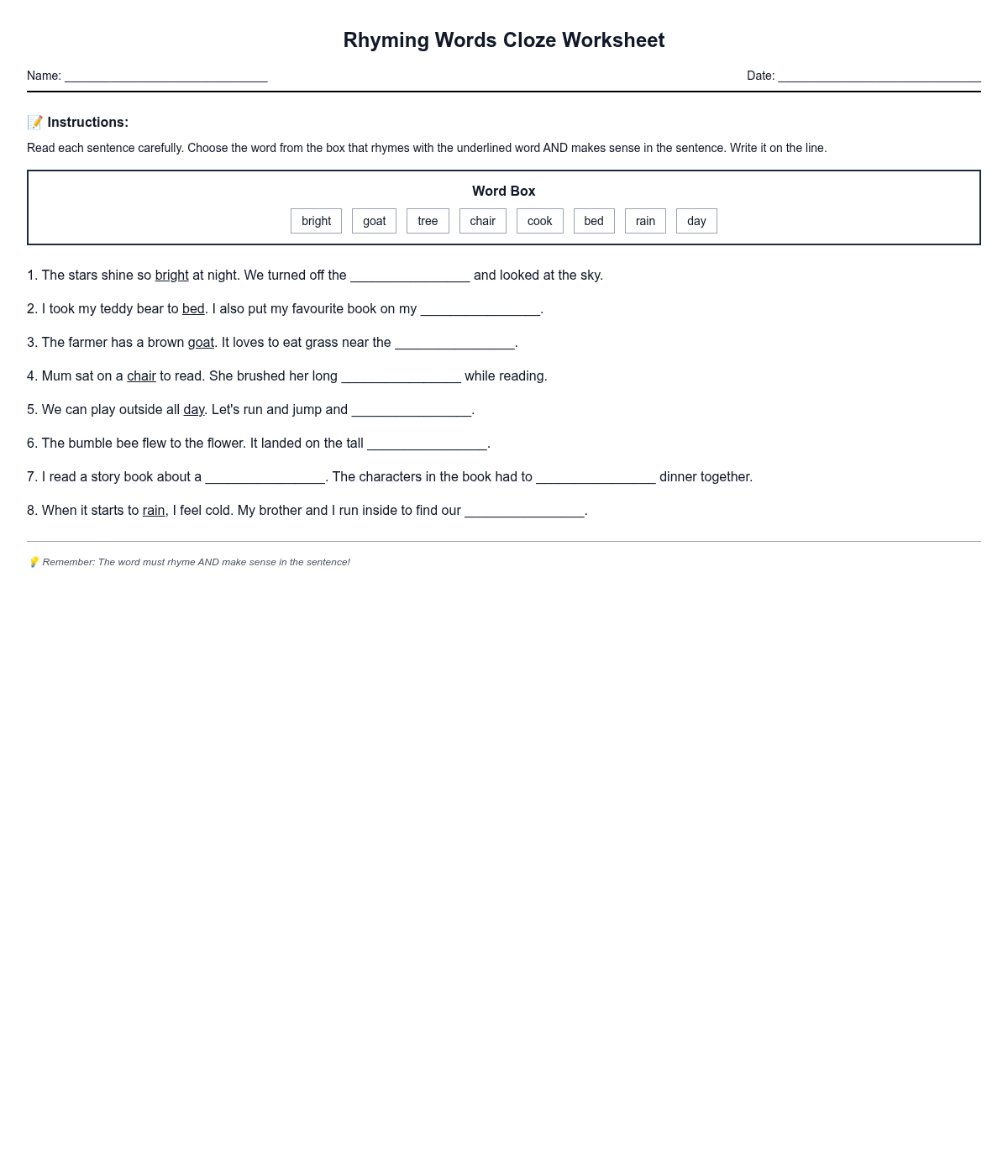 Rhyming Words Cloze Worksheet