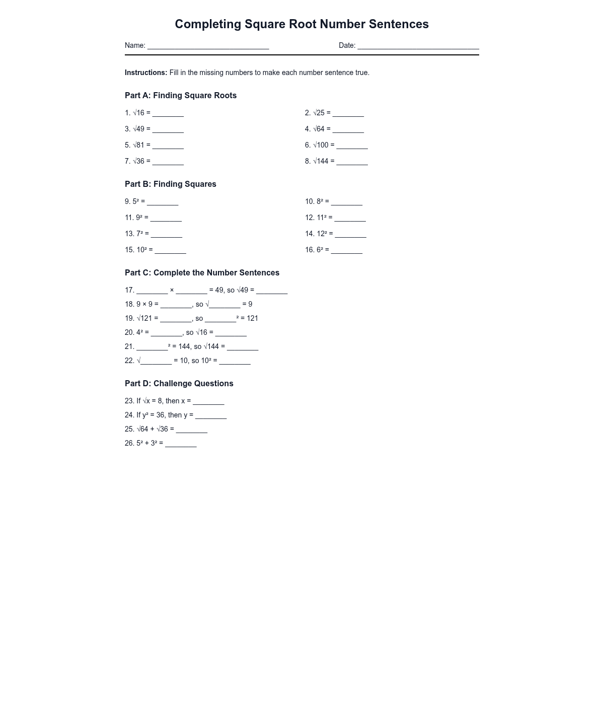 Completing Square Root Number Sentences