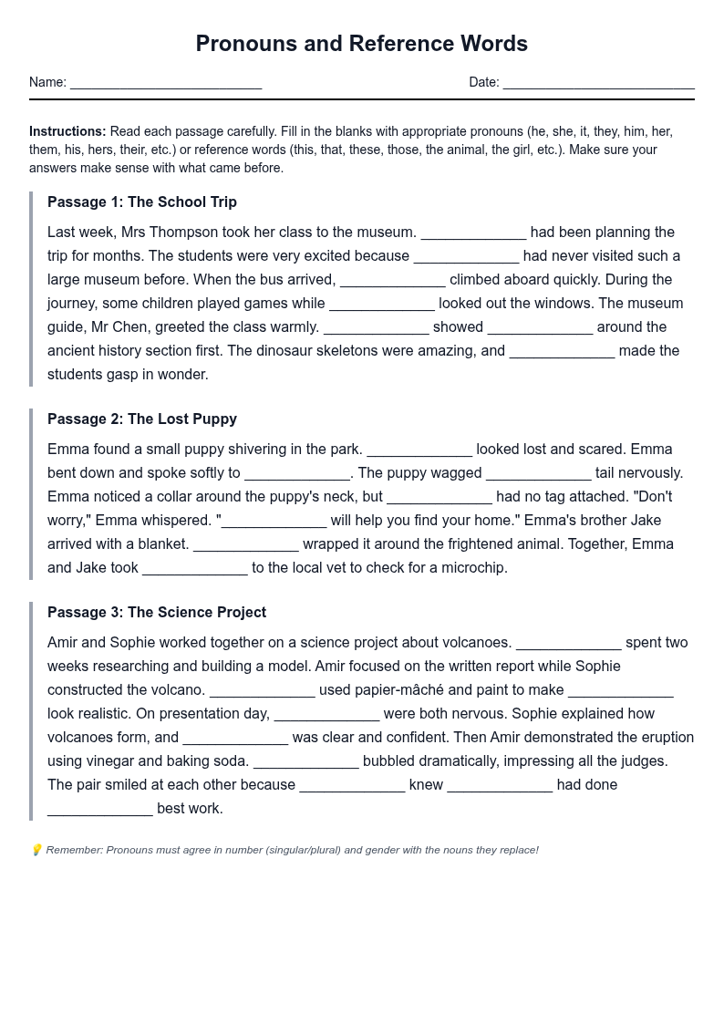 Pronouns and Reference Words Cloze Reading