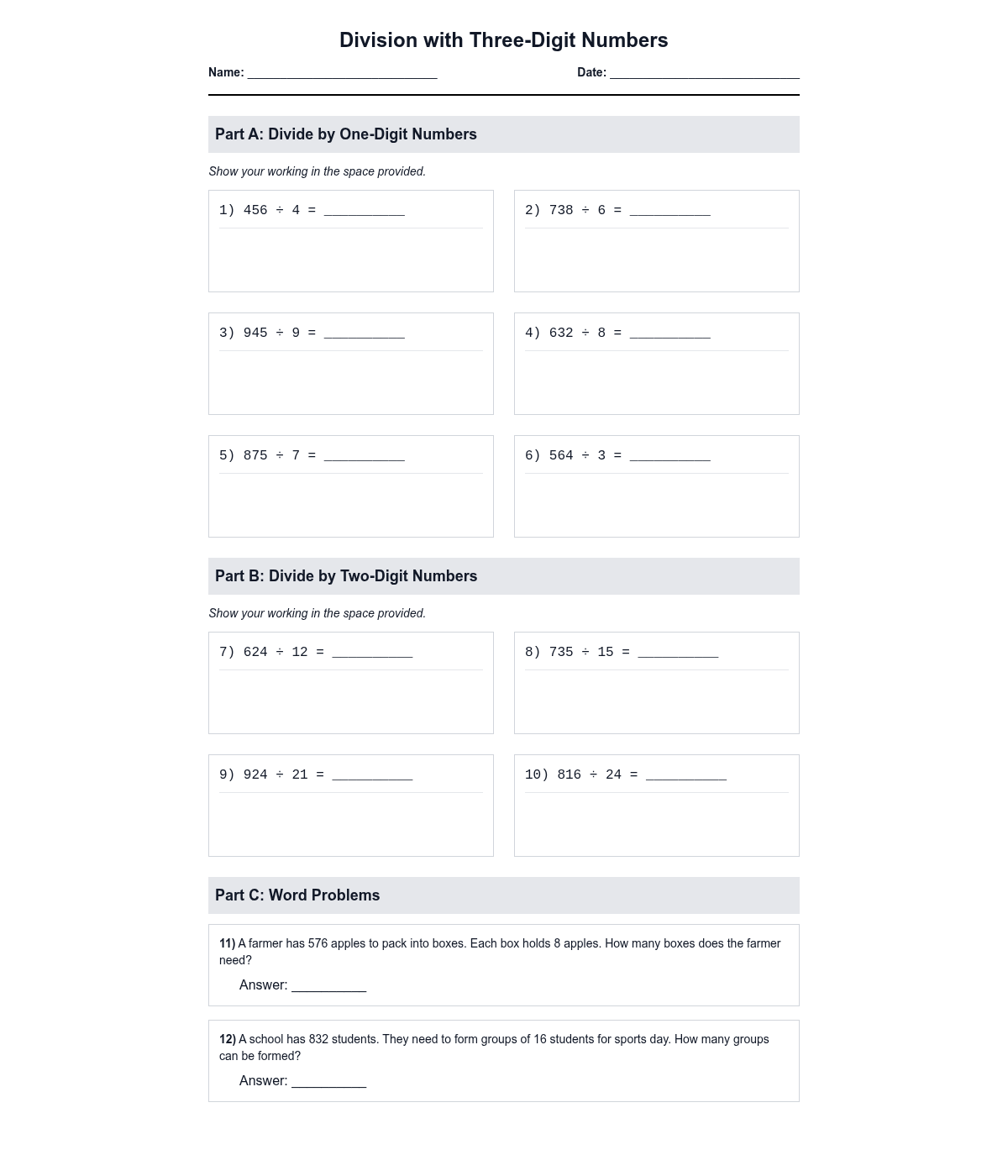 Division with Three-Digit Numbers