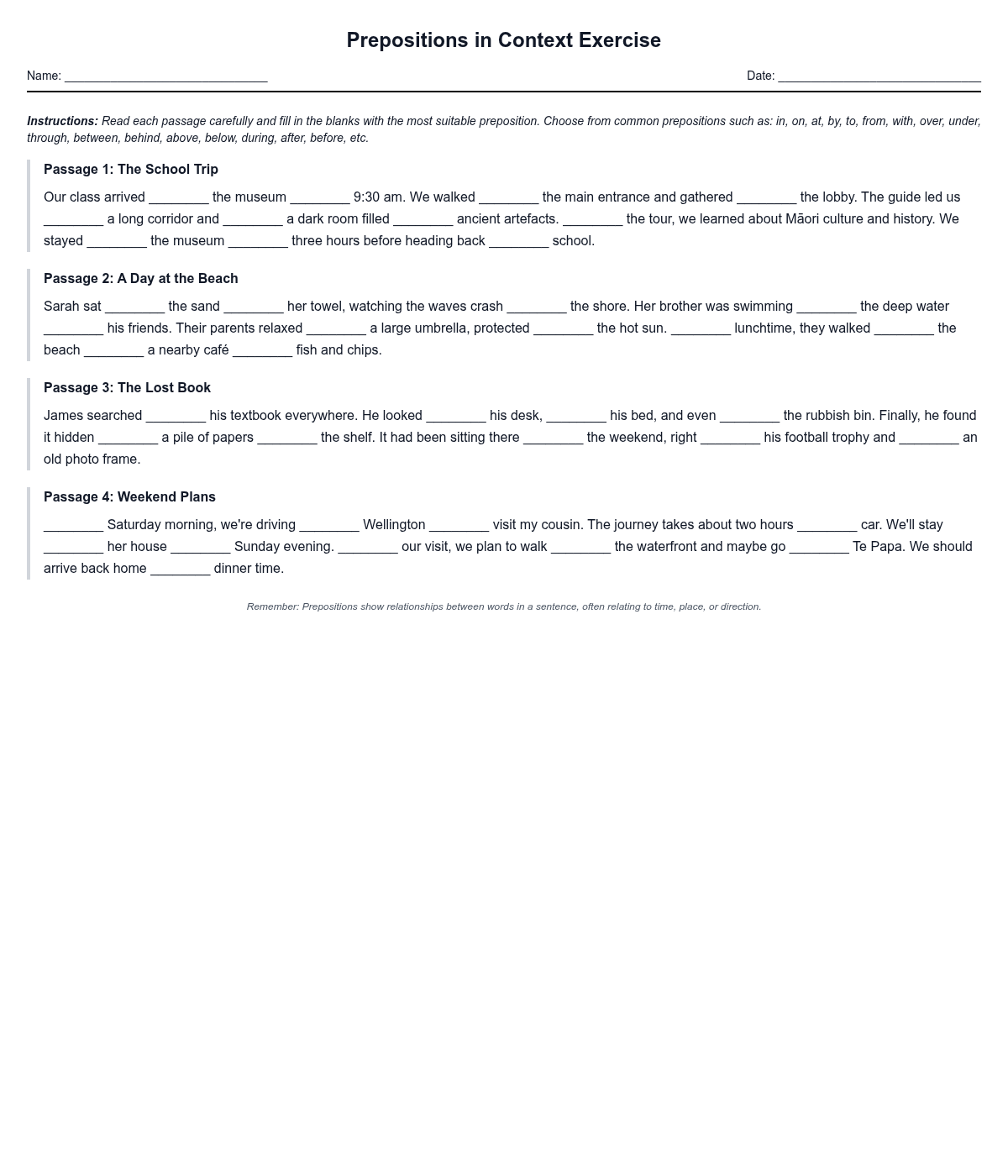 Prepositions in Context Exercise