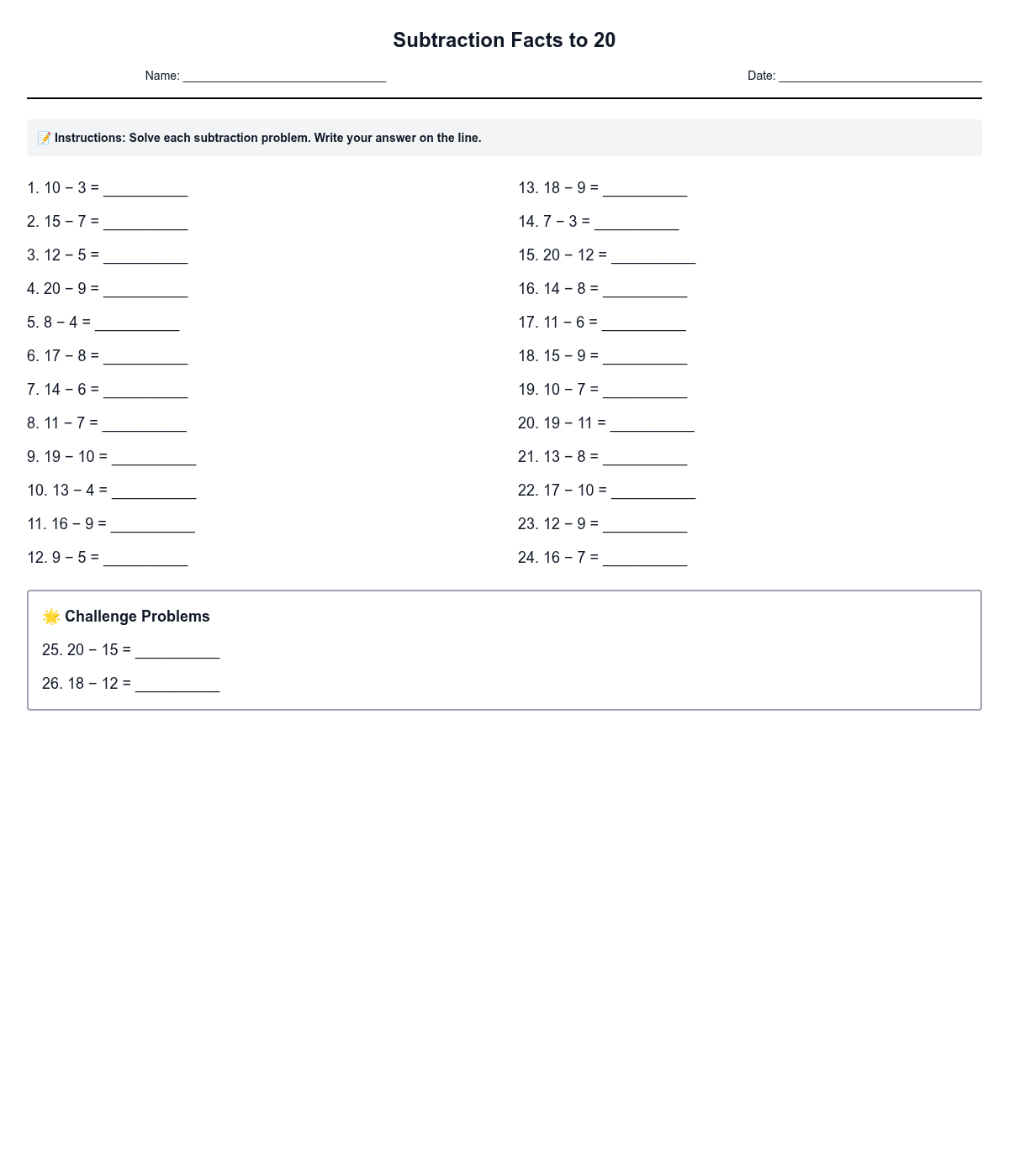 Subtraction Facts to 20