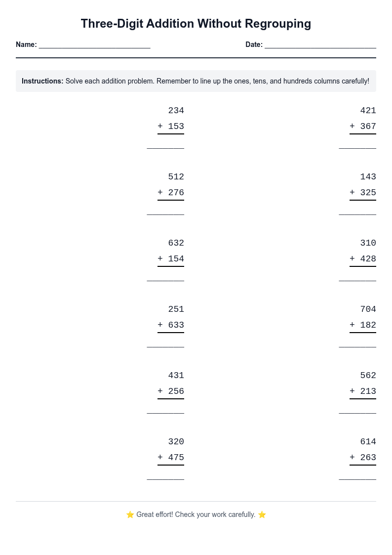 Three-Digit Addition Without Regrouping
