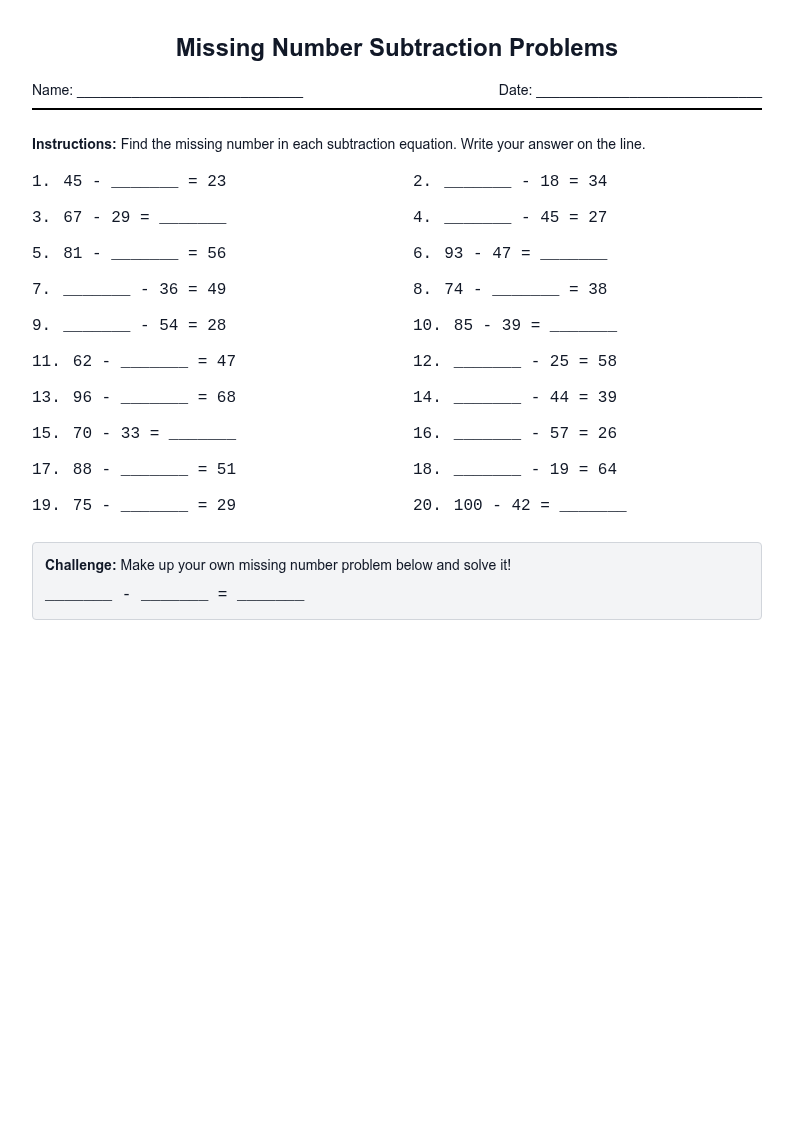 Missing Number Subtraction Problems