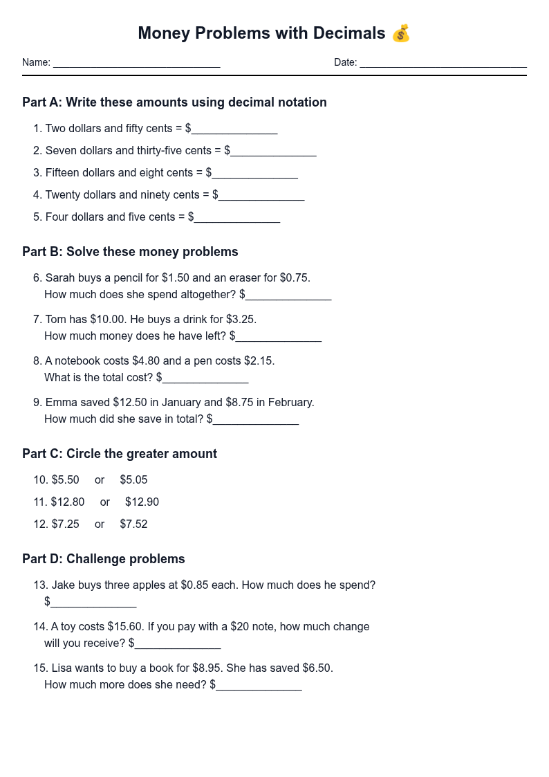 Money Problems with Decimals