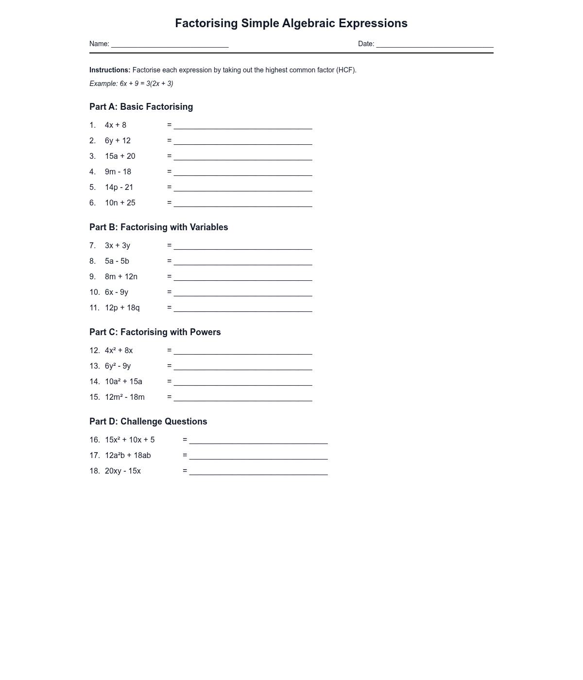 Factorising Simple Algebraic Expressions