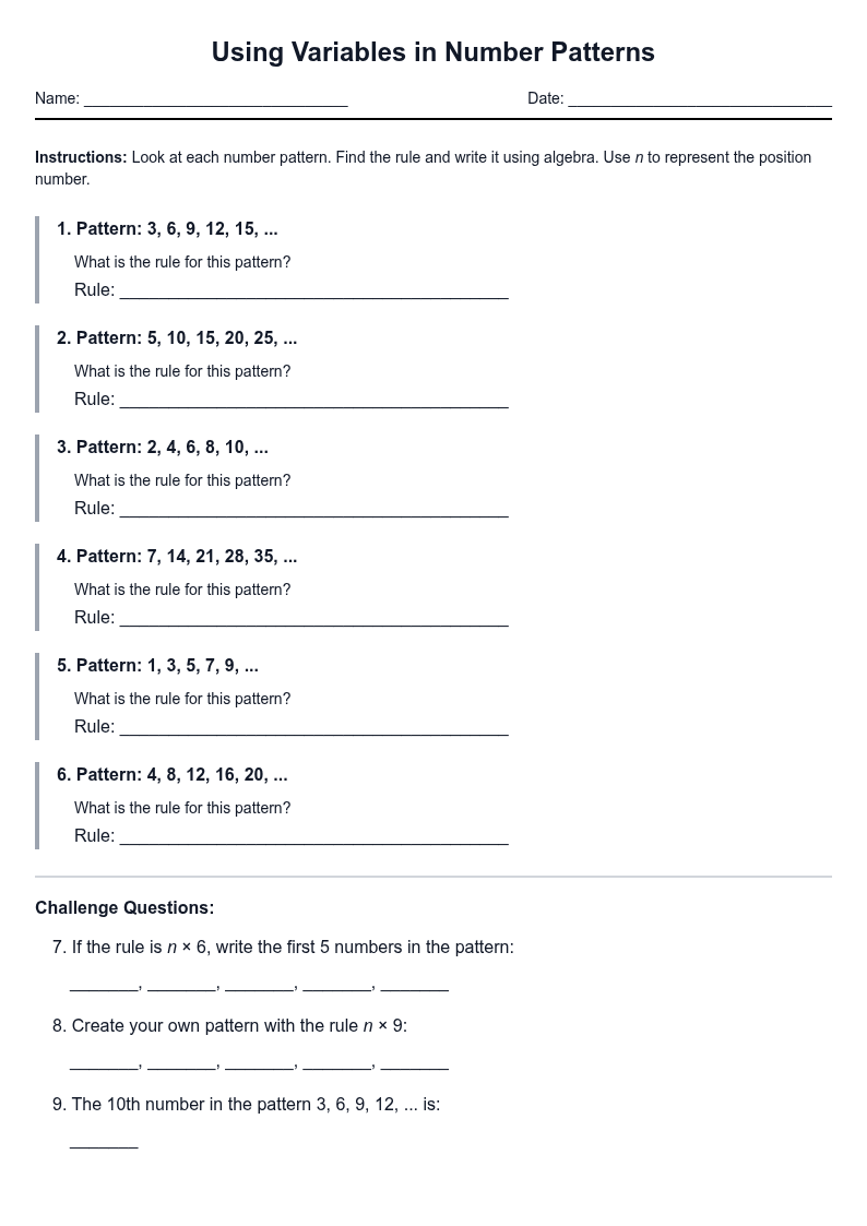 Using Variables in Number Patterns