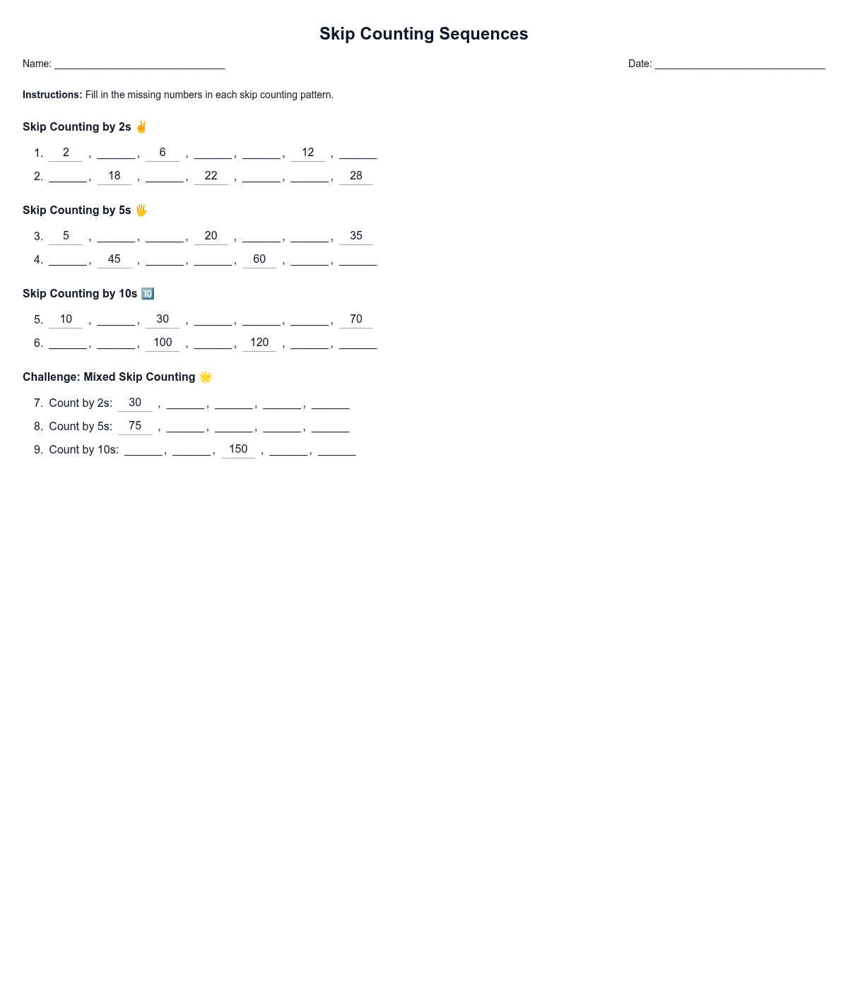 Skip Counting Sequences