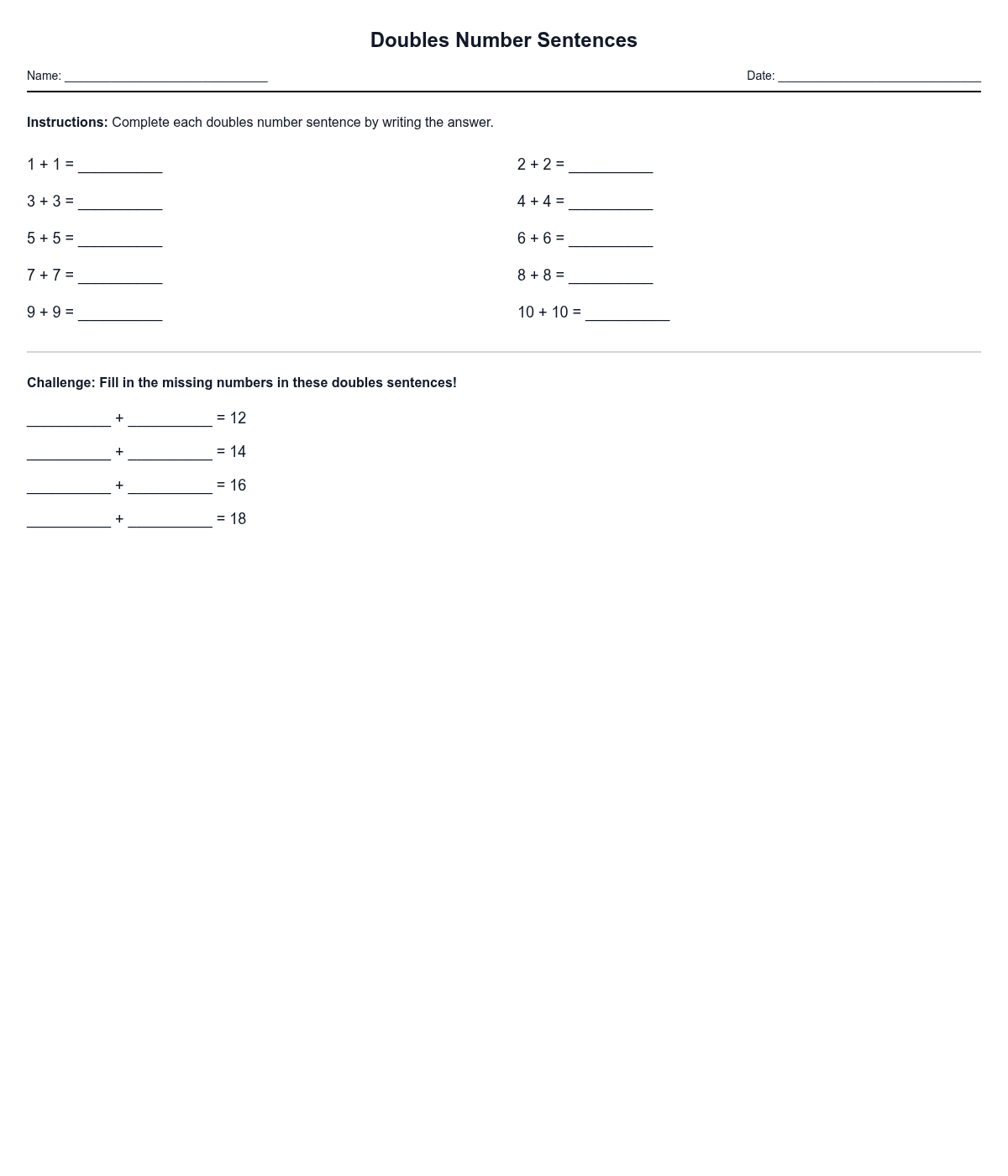 Doubles Number Sentences