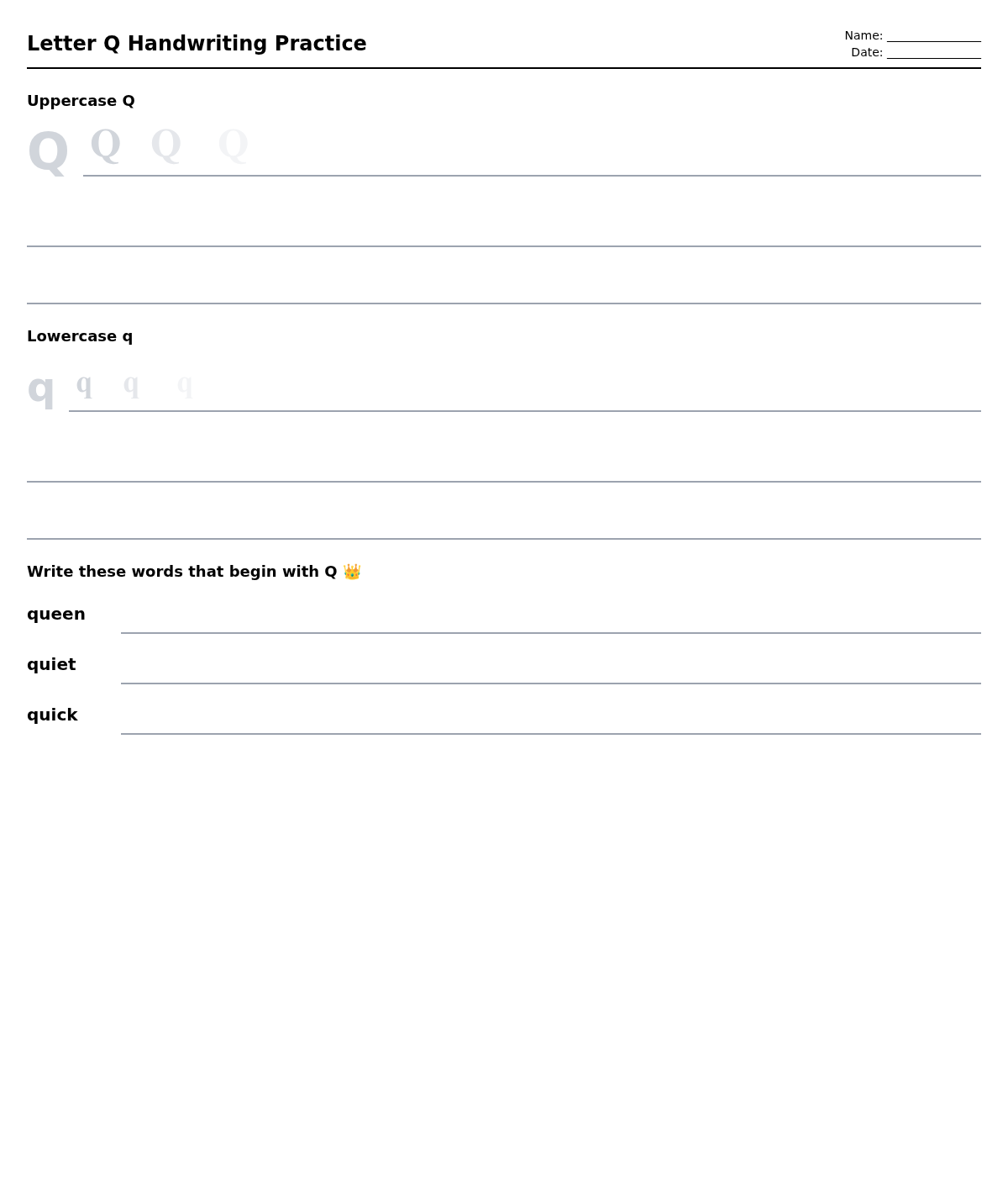 Letter Q Handwriting Practice