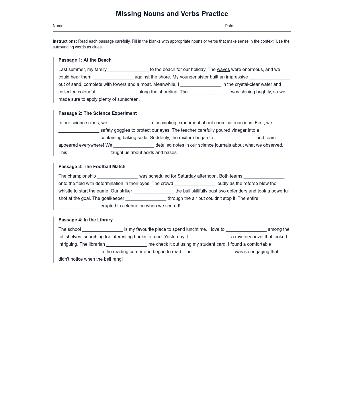 Missing Nouns and Verbs Practice