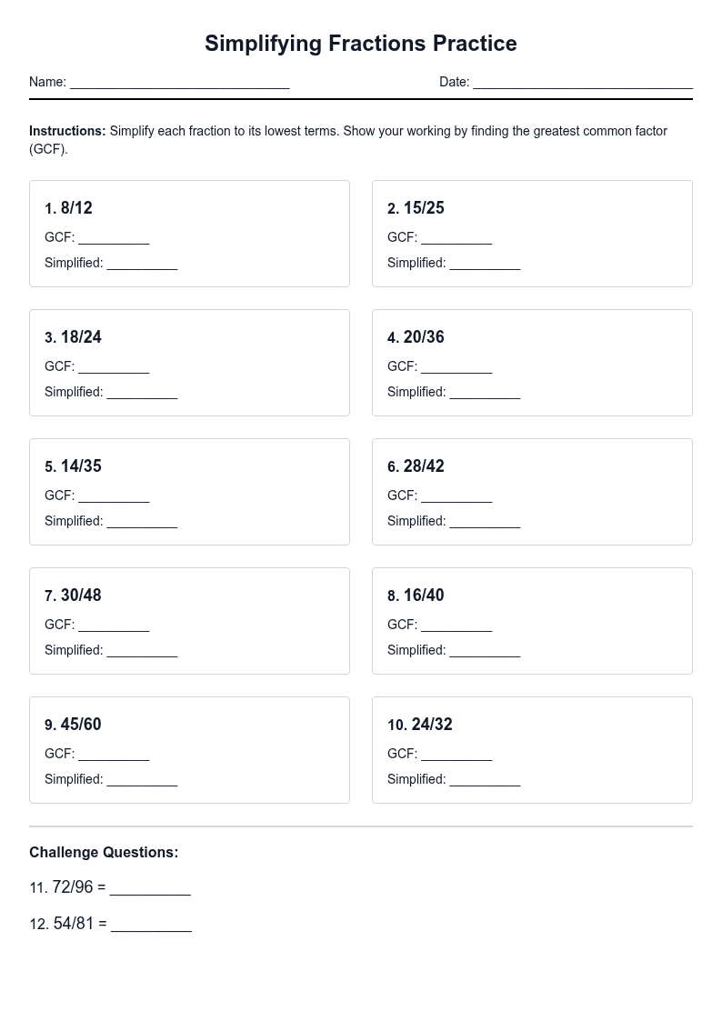 Simplifying Fractions Practice