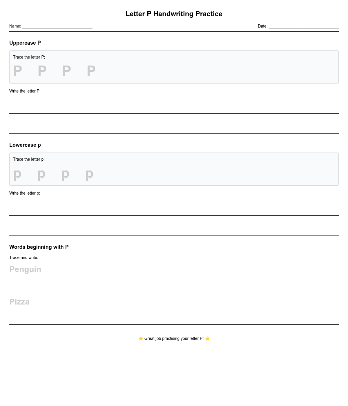 Letter P Handwriting Practice