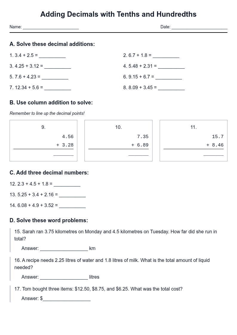 Adding Decimals with Tenths and Hundredths