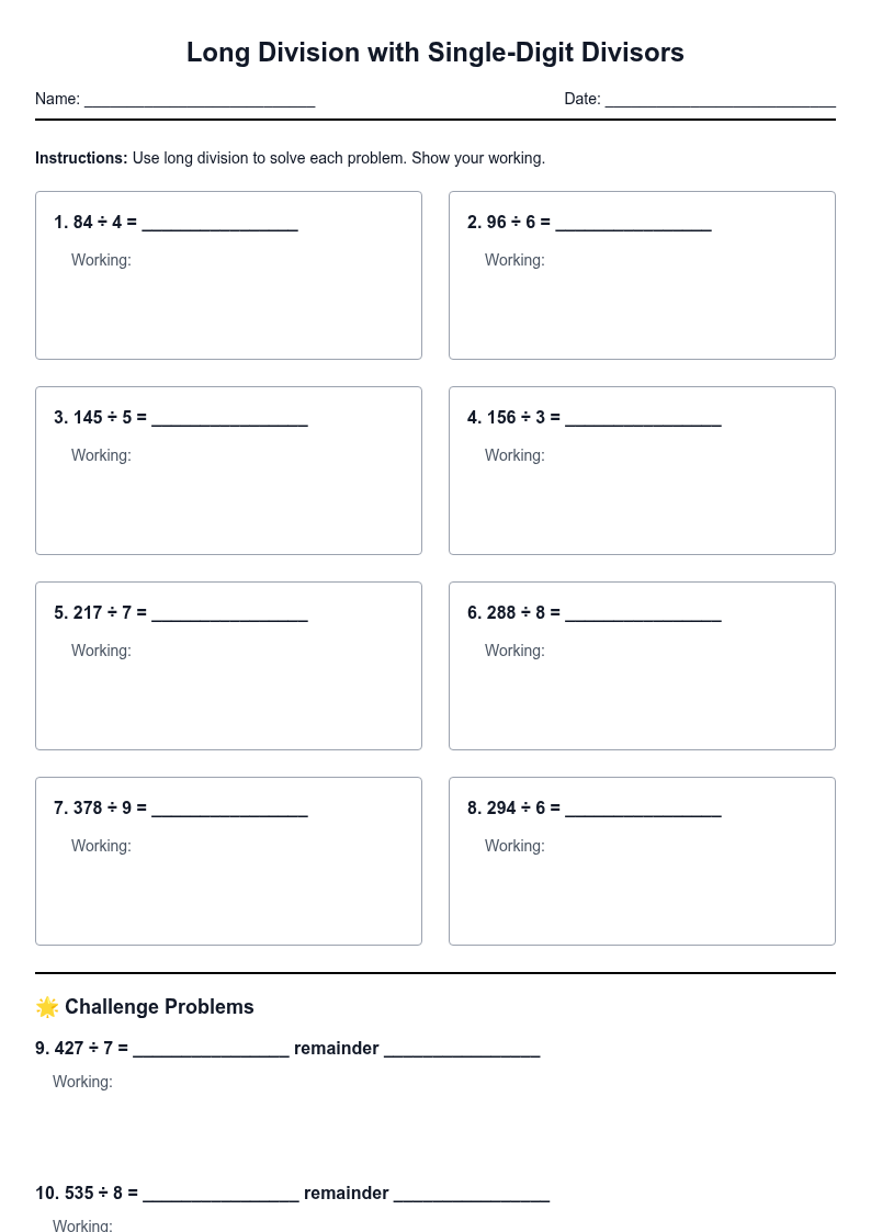 Long Division with Single-Digit Divisors
