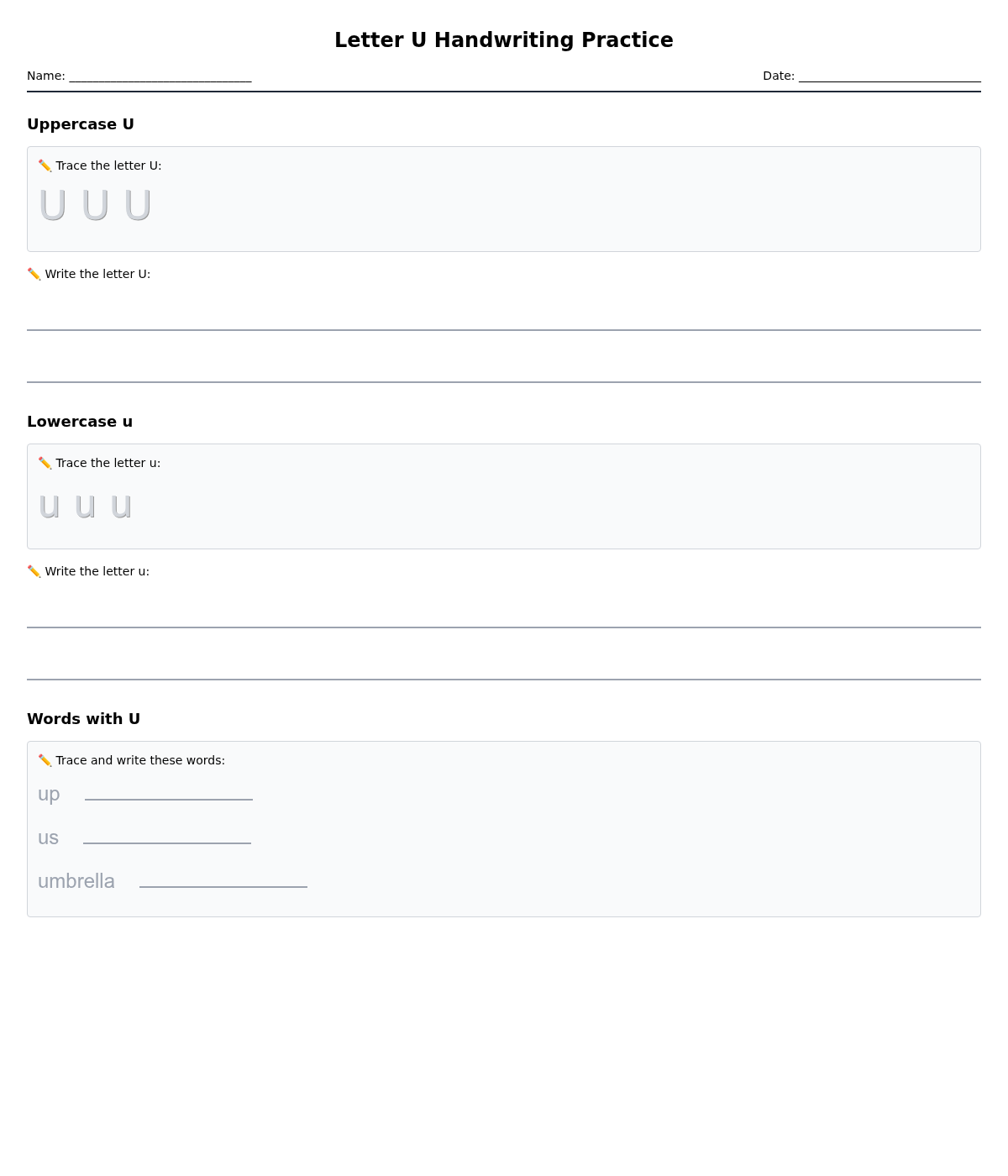 Letter U Handwriting Practice