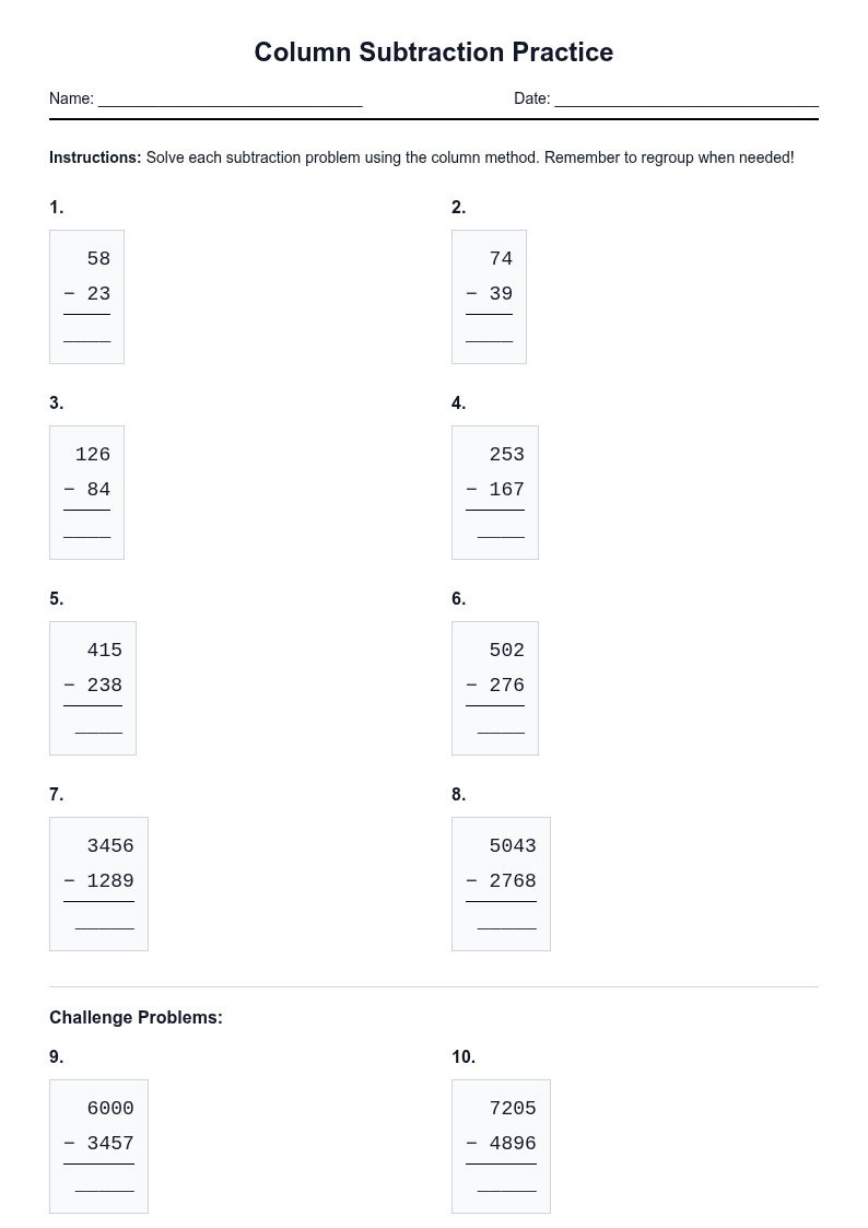 Column Subtraction Practice