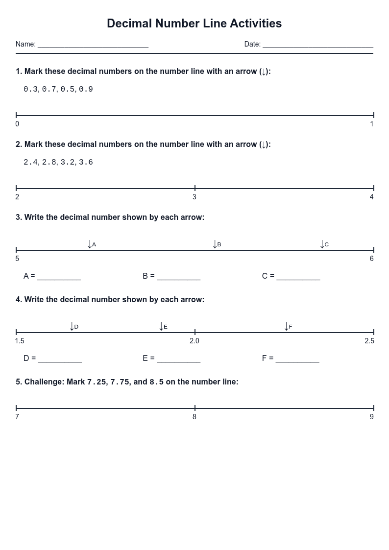 Decimal Number Line Activities
