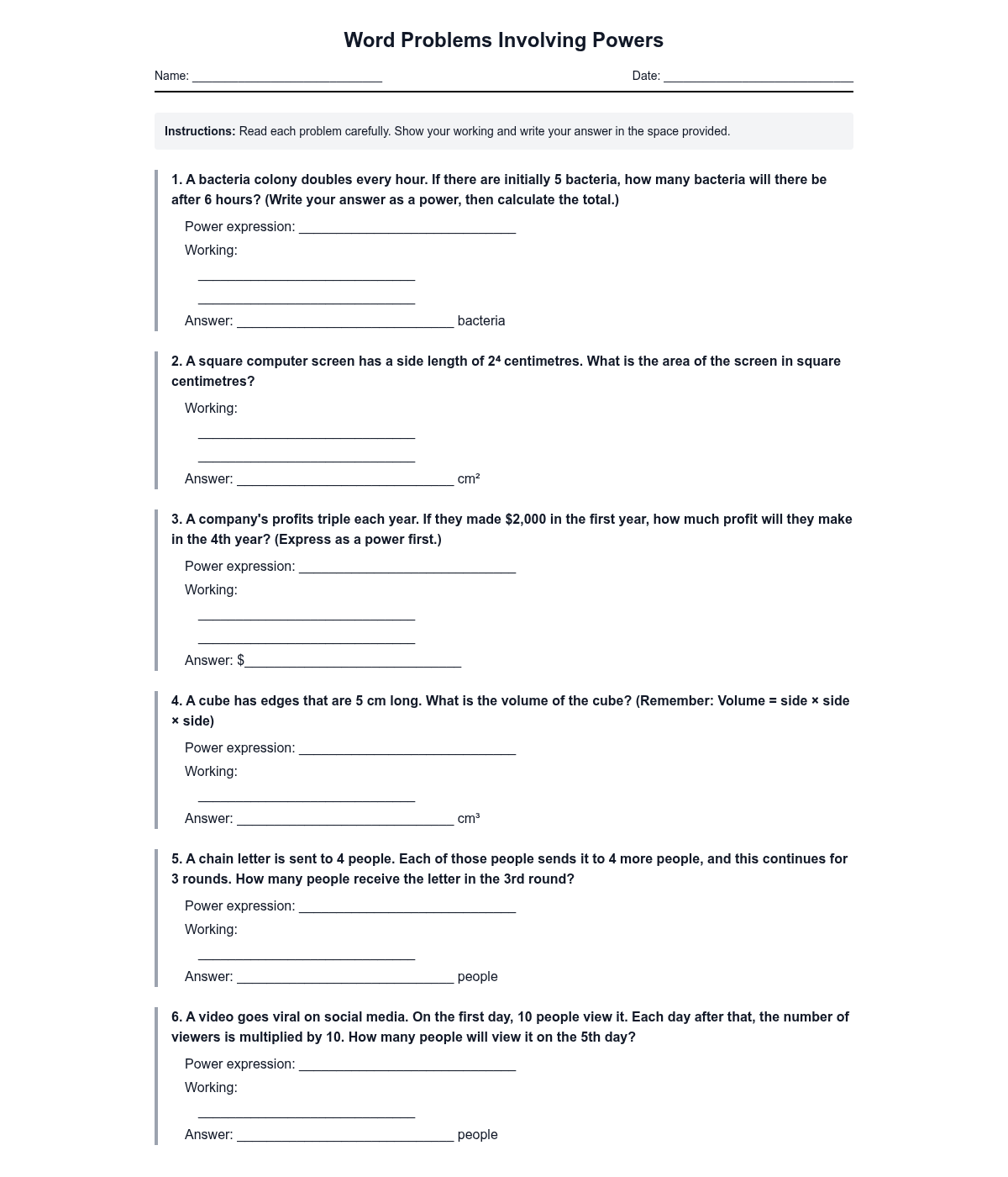 Word Problems Involving Powers