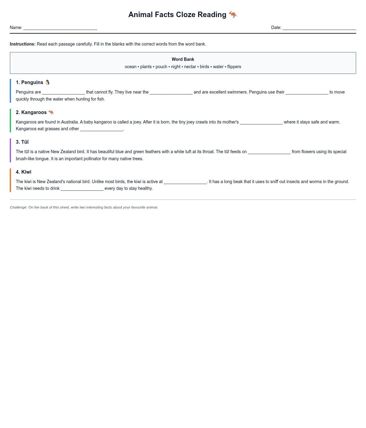 Animal Facts Cloze Reading