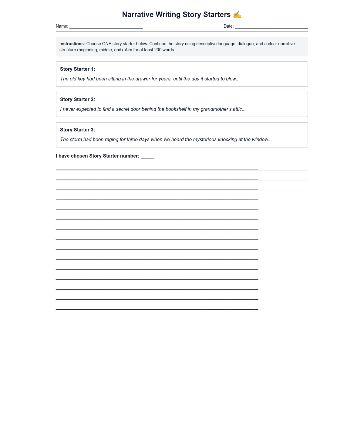 Narrative Writing Story Starters