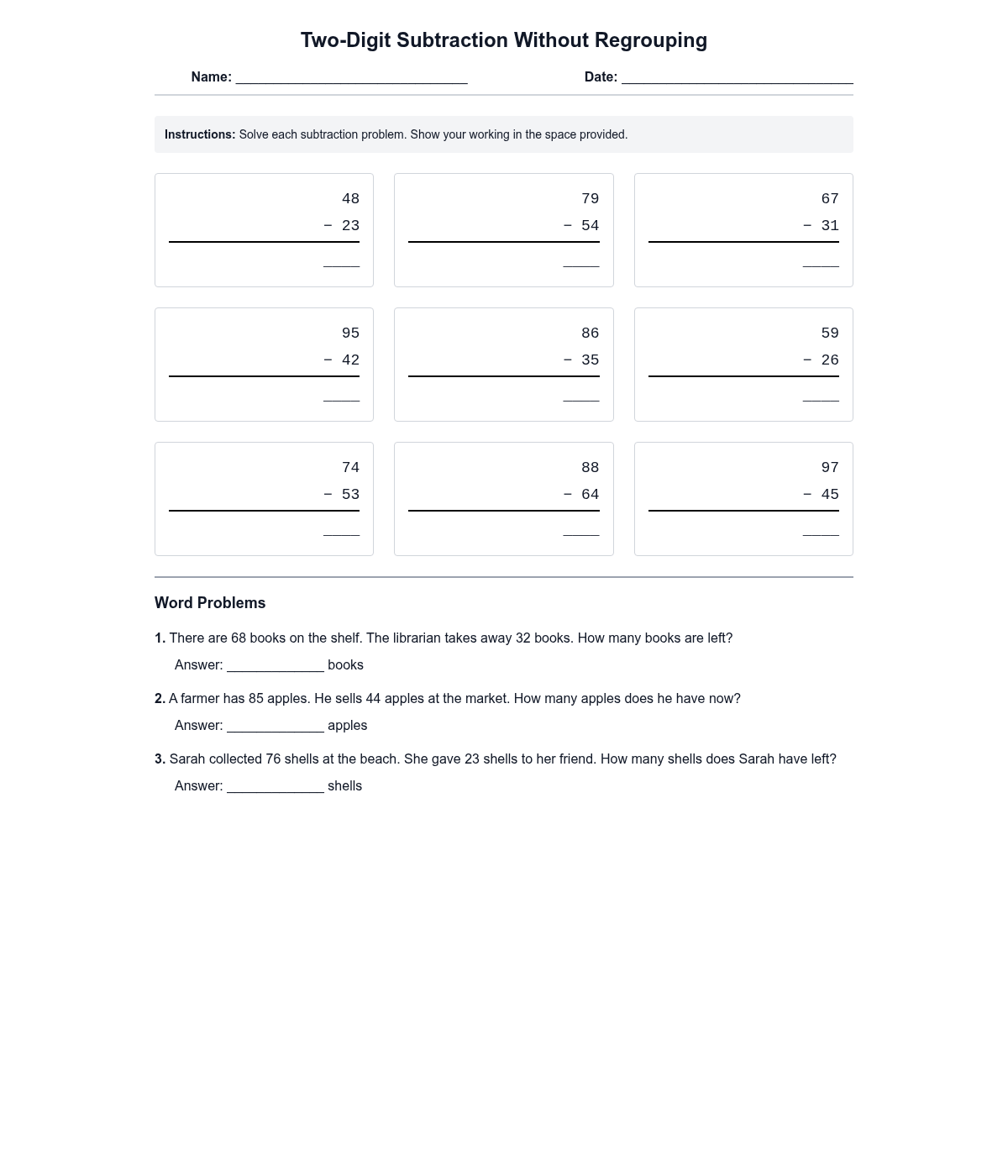 Two-Digit Subtraction Without Regrouping