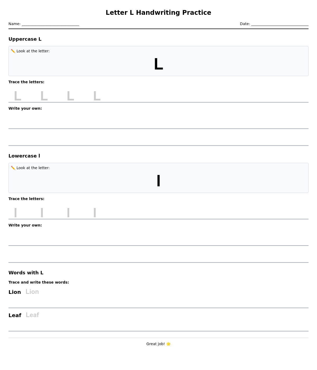 Letter L Handwriting Practice