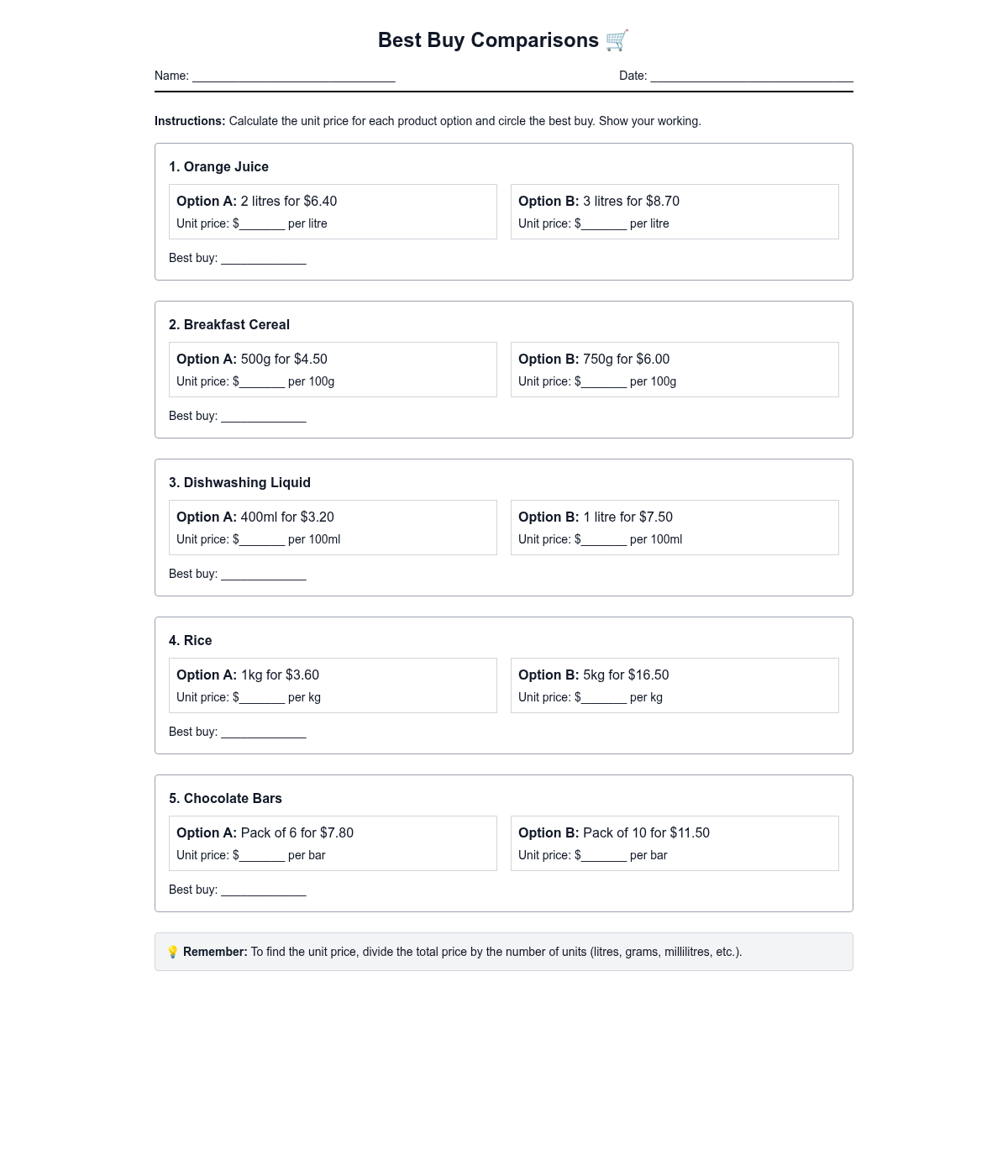 Best Buy Comparisons - Unit Price Worksheet