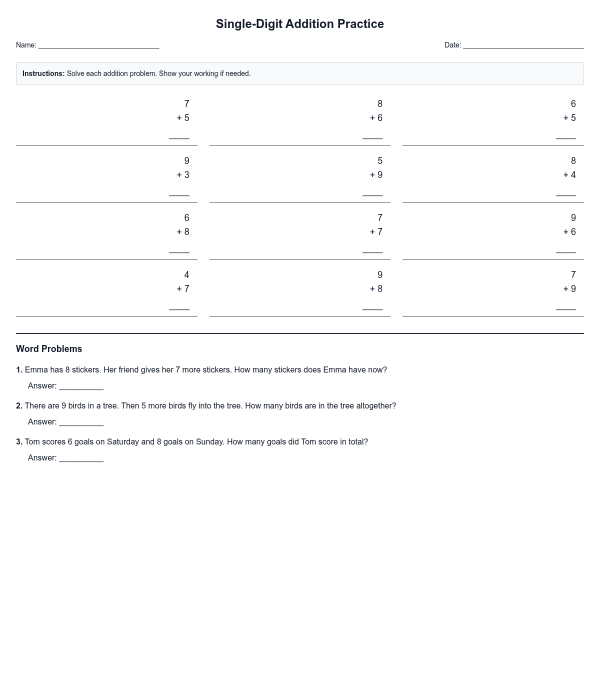 Single-Digit Addition Practice