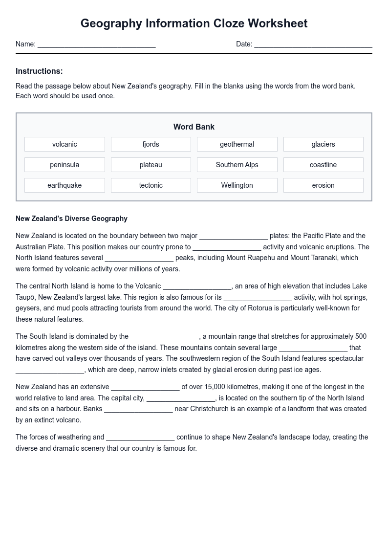 Geography Information Cloze Worksheet