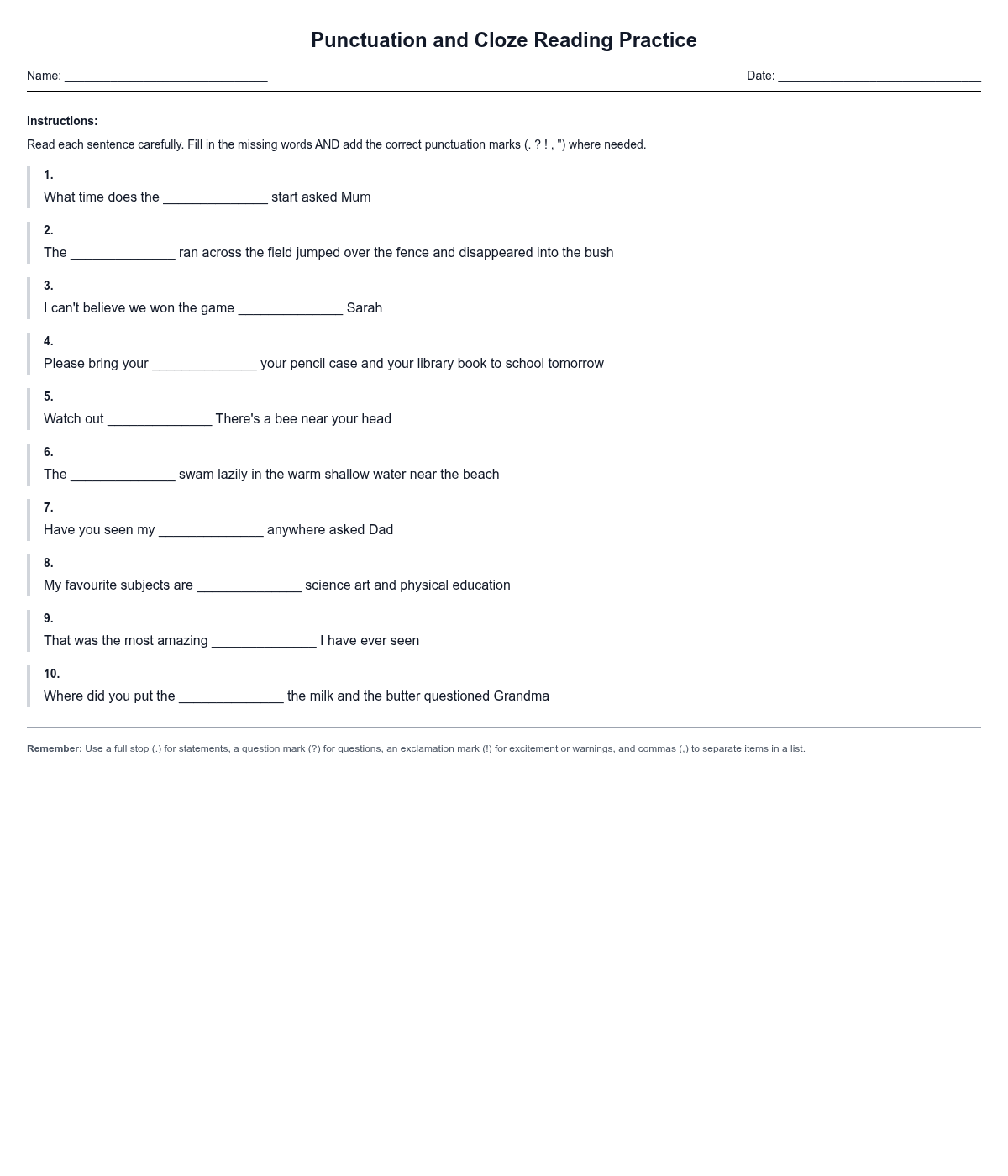 Punctuation and Cloze Reading Practice