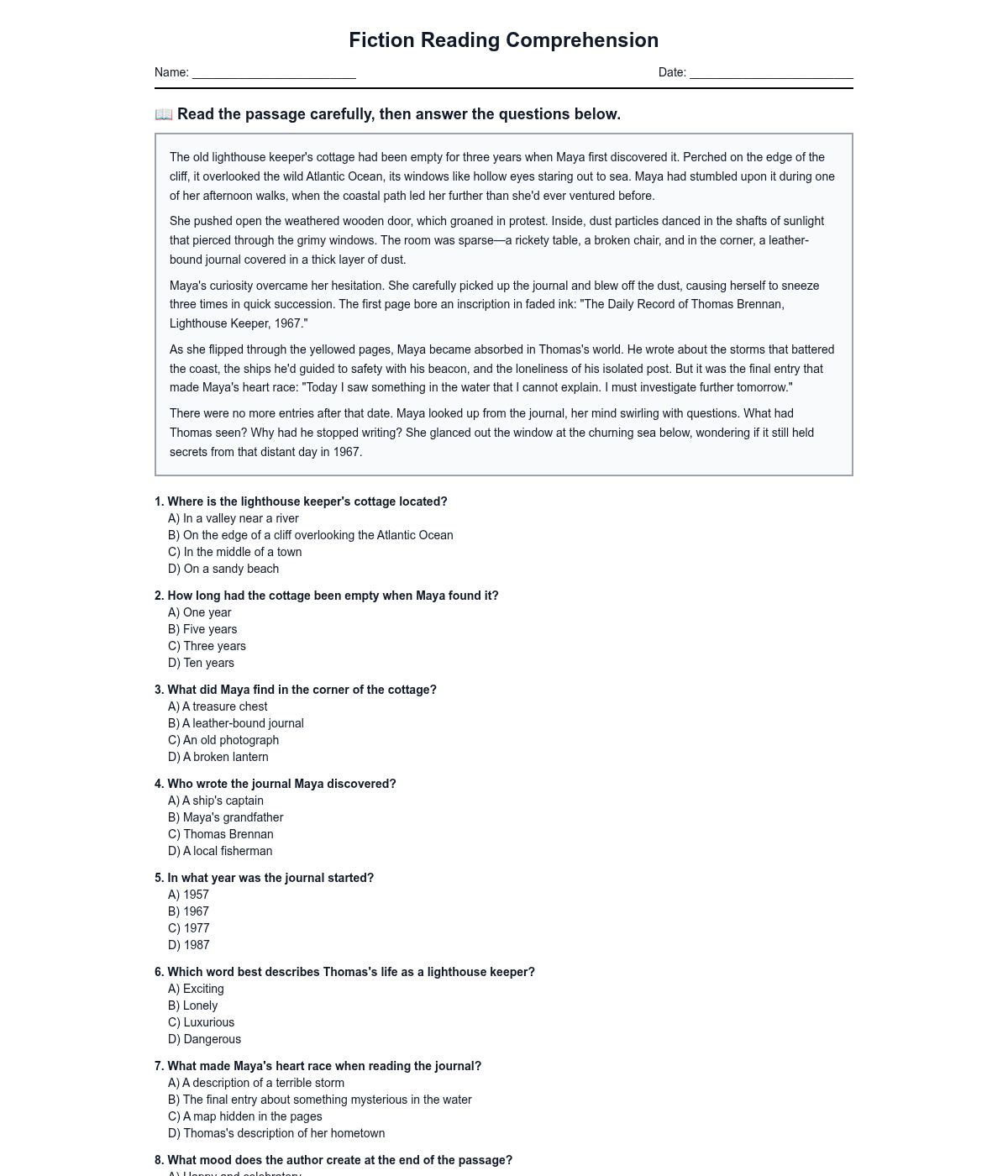 Fiction Reading Comprehension with Multiple Choice Questions