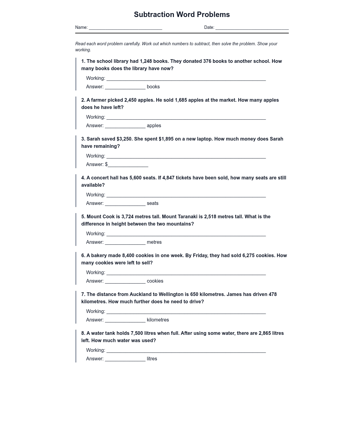 Subtraction Word Problems