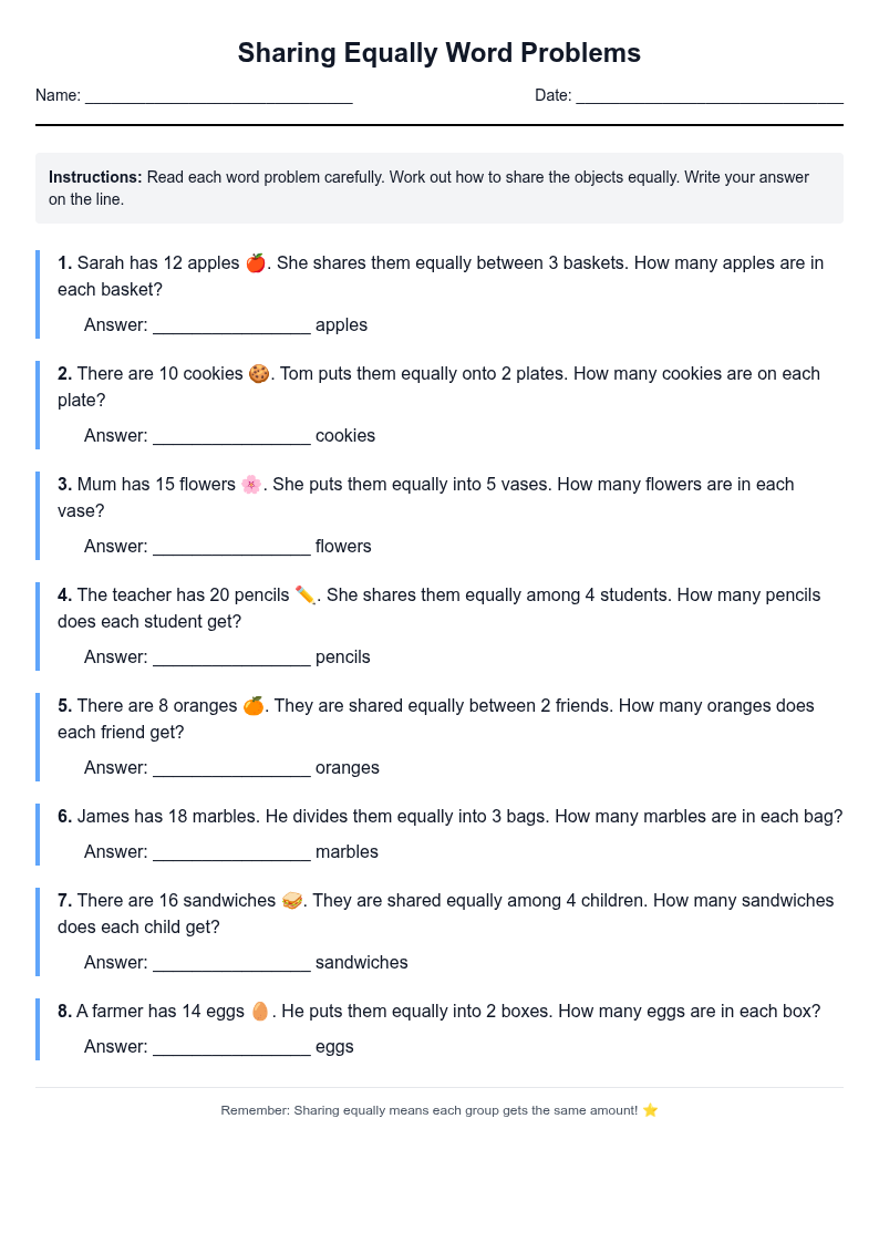 Sharing Equally Word Problems